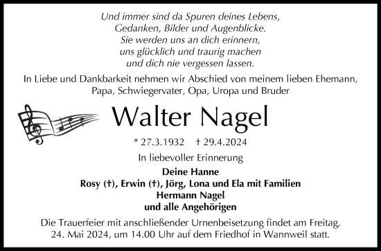 Anzeige von Walter Nagel von Reutlinger General-Anzeiger