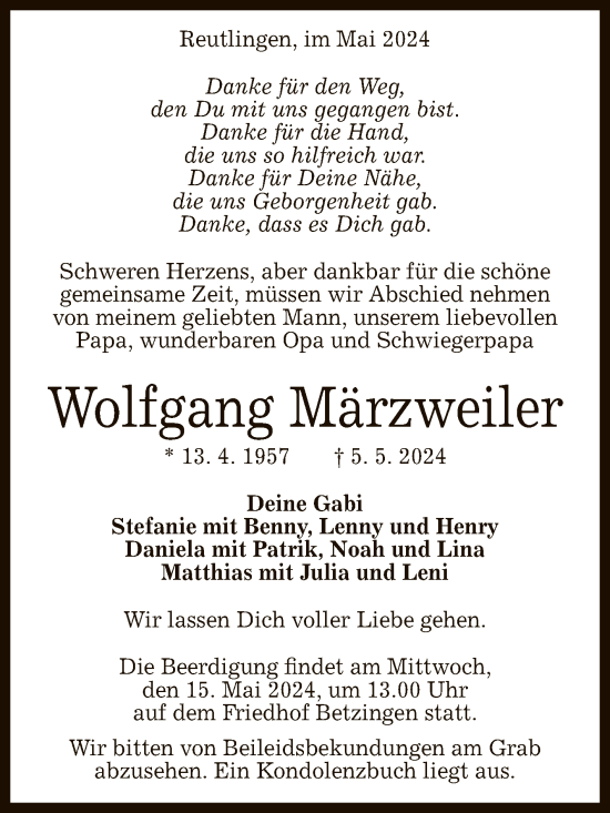 Anzeige von Wolfgang Märzweiler von Reutlinger General-Anzeiger