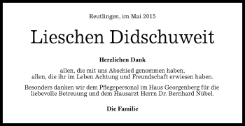 Anzeige von Lieschen Didschuweit von Reutlinger Generalanzeiger