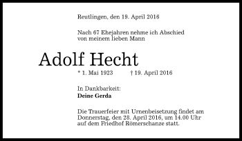 Anzeige von Adolf Hecht von Reutlinger Generalanzeiger