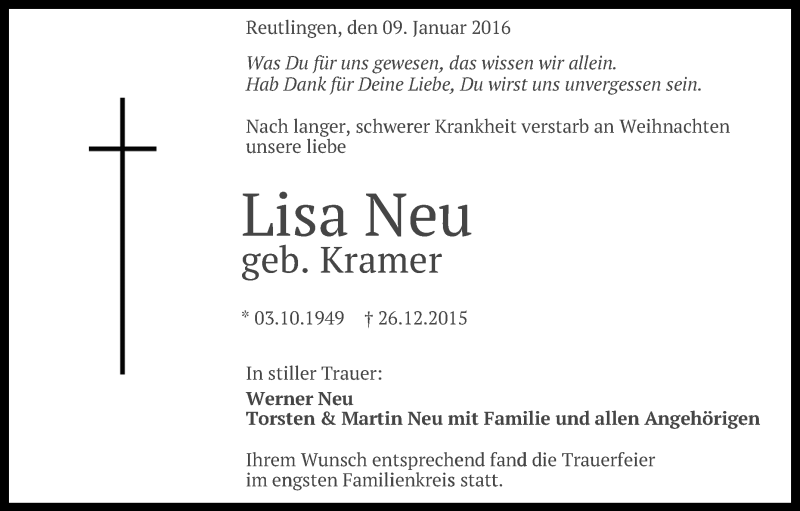  Traueranzeige für Lisa Neu vom 09.01.2016 aus Reutlinger Generalanzeiger