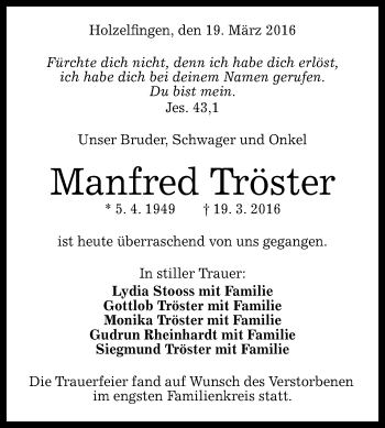 Anzeige von Manfred Tröster von Reutlinger Generalanzeiger