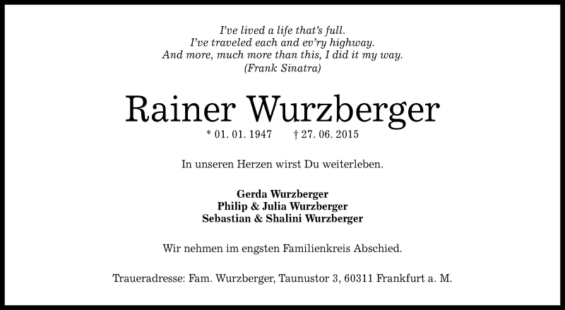  Traueranzeige für Rainer Wurzberger vom 30.06.2015 aus Reutlinger Generalanzeiger