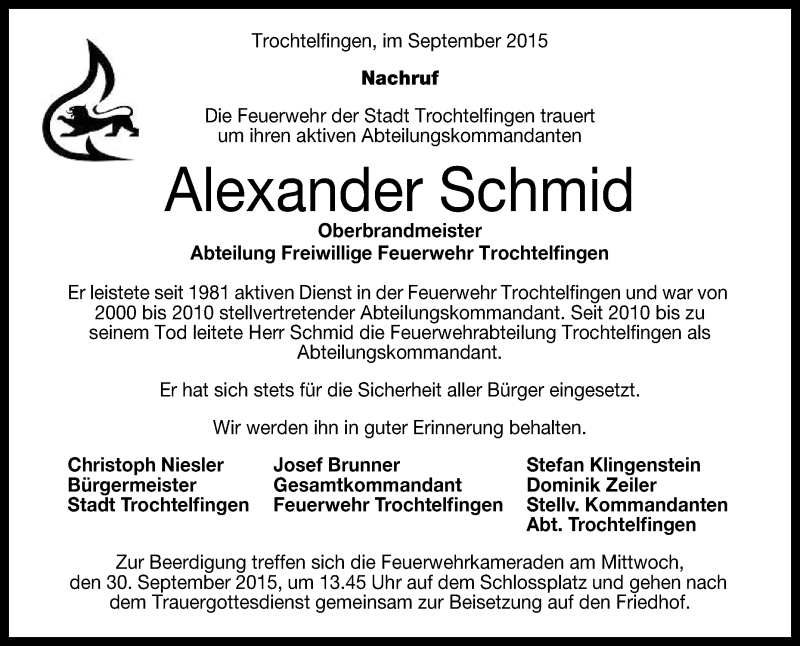  Traueranzeige für Alexander Schmid vom 29.09.2015 aus Reutlinger Generalanzeiger