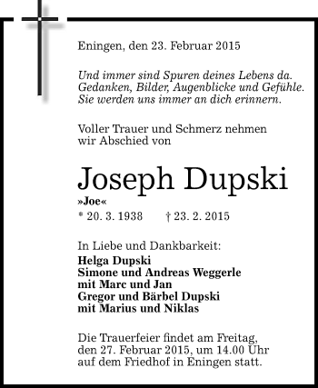 Anzeige von Joseph Dupski von Reutlinger Generalanzeiger