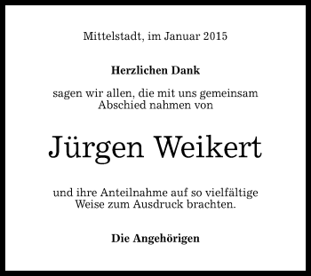 Anzeige von Jürgen Weikert von Reutlinger Generalanzeiger
