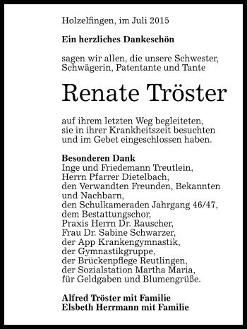 Anzeige von Renate Tröster von Reutlinger Generalanzeiger
