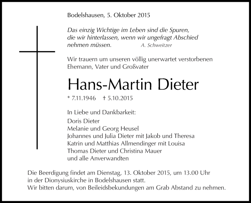  Traueranzeige für Hans-Martin Dieter vom 08.10.2015 aus Reutlinger Generalanzeiger