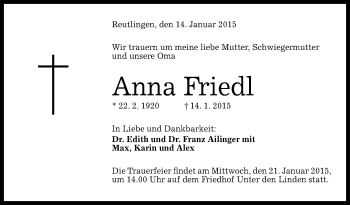 Anzeige von Anna Friedl von Reutlinger Generalanzeiger