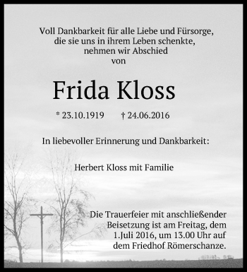 Anzeige von Frida Kloss von Reutlinger Generalanzeiger