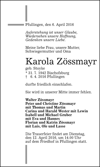 Anzeige von Karola Zössmayr von Reutlinger Generalanzeiger