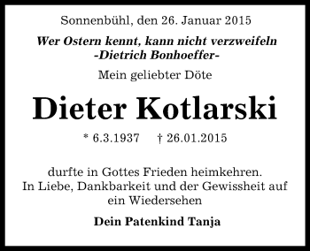 Anzeige von Dieter Kotlarski von Reutlinger Generalanzeiger