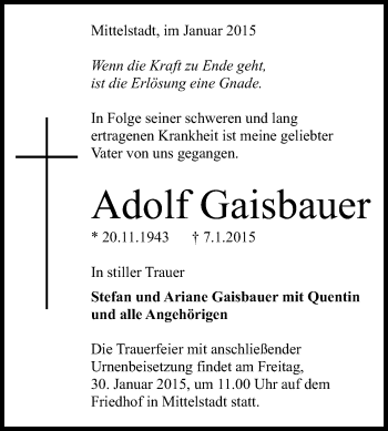 Anzeige von Adolf Gaisbauer von Reutlinger Generalanzeiger