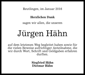 Anzeige von Jürgen Hähn von Reutlinger Generalanzeiger