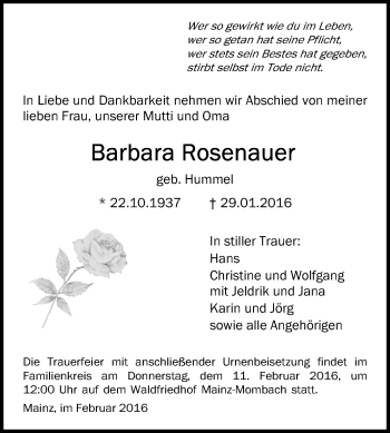 Anzeige von Barbara Rosenauer von Reutlinger Generalanzeiger