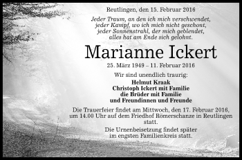 Anzeige von Marianne Ickert von Reutlinger Generalanzeiger