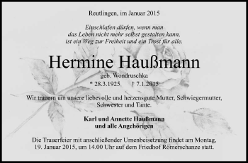 Anzeige von Hermine Haußmann von Reutlinger Generalanzeiger