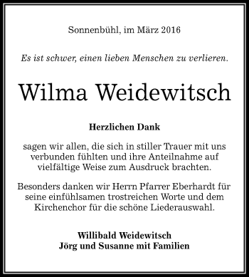 Anzeige von Wilma Weidewitsch von Reutlinger Generalanzeiger