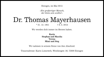 Anzeige von Thomas Mayerhausen von Reutlinger Generalanzeiger