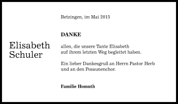 Anzeige von Elisabeth Schuler von Reutlinger Generalanzeiger