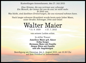 Anzeige von Walter Maier von Reutlinger Generalanzeiger