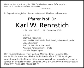 Anzeige von Karl W. Rennstich von Reutlinger Generalanzeiger