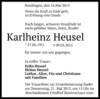 Anzeige von Karlheinz Heusel von Reutlinger Generalanzeiger