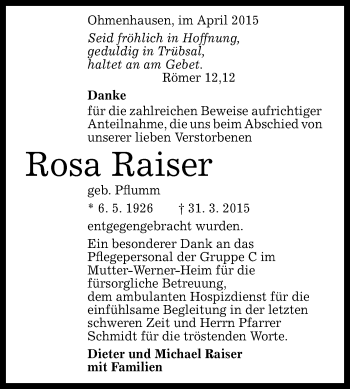 Anzeige von Rosa Raiser von Reutlinger Generalanzeiger