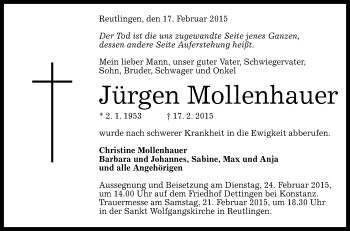 Anzeige von Jürgen Mollenhauer von Reutlinger Generalanzeiger
