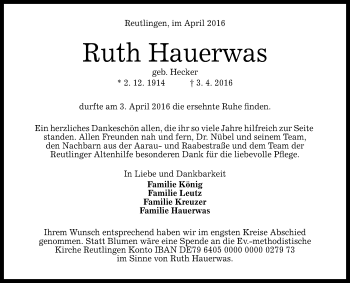 Anzeige von Ruth Hauerwas von Reutlinger Generalanzeiger