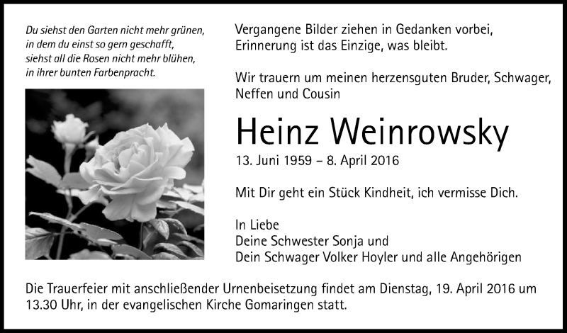  Traueranzeige für Heinz Weinrowsky vom 14.04.2016 aus Reutlinger Generalanzeiger