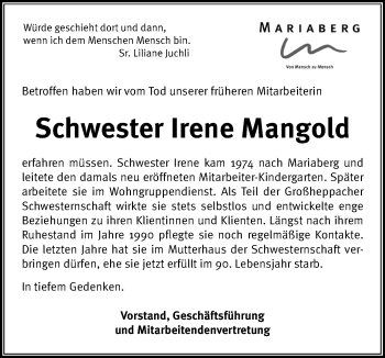 Anzeige von Irene Mangold von Reutlinger Generalanzeiger