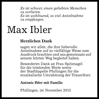 Anzeige von Max Ibler von Reutlinger Generalanzeiger