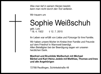 Anzeige von Sophie Weißschuh von Reutlinger Generalanzeiger
