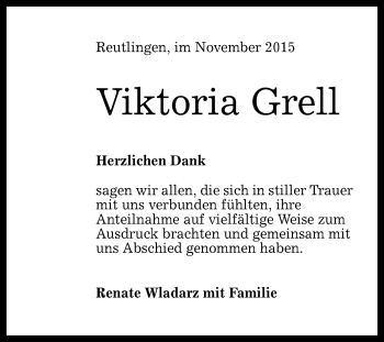 Anzeige von Viktoria Grell von Reutlinger Generalanzeiger