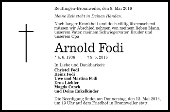 Anzeige von Arnold Fodi von Reutlinger Generalanzeiger