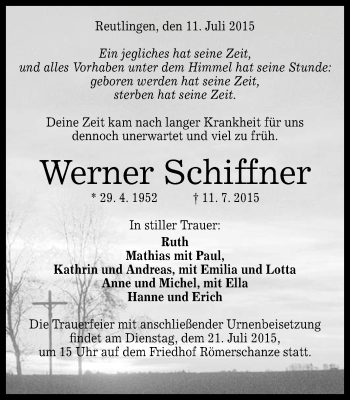 Anzeige von Werner Schiffner von Reutlinger Generalanzeiger