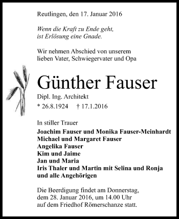 Anzeige von Günther Fauser von Reutlinger Generalanzeiger