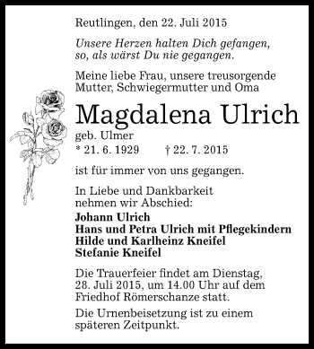 Anzeige von Magdalena Ulrich von Reutlinger Generalanzeiger