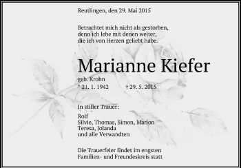 Anzeige von Marianne Kiefer von Reutlinger Generalanzeiger