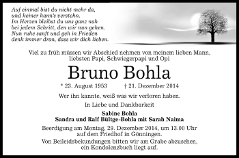 Anzeige von Bruno Bohla von Reutlinger Generalanzeiger