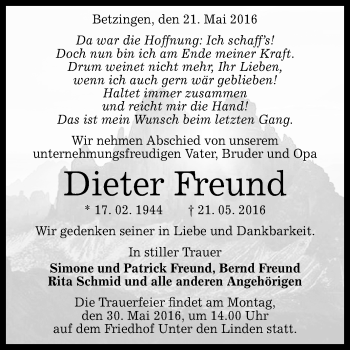 Anzeige von Dieter Freund von Reutlinger Generalanzeiger