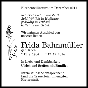 Anzeige von Frida Bahnmüller von Reutlinger Generalanzeiger