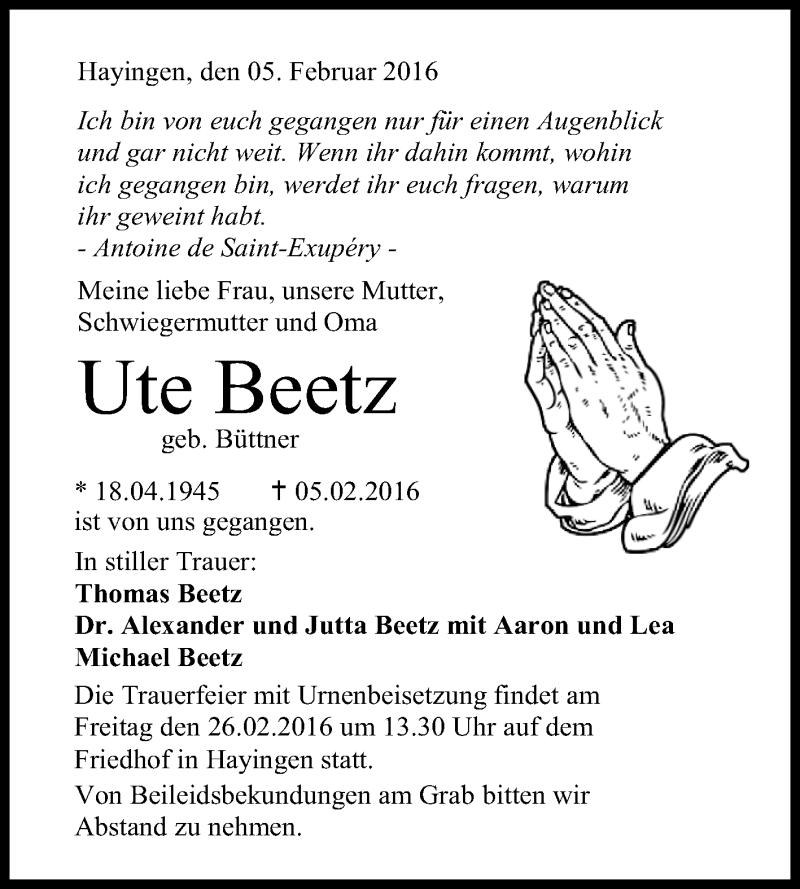  Traueranzeige für Ute Beetz vom 23.02.2016 aus Reutlinger Generalanzeiger