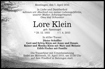 Anzeige von Lore Klein von Reutlinger Generalanzeiger