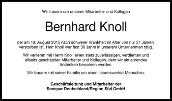 Anzeige von Bernhard Knoll von Reutlinger Generalanzeiger