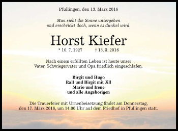 Anzeige von Horst Kiefer von Reutlinger Generalanzeiger