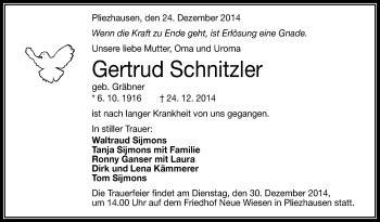 Anzeige von Gertrud Schnitzler von Reutlinger Generalanzeiger