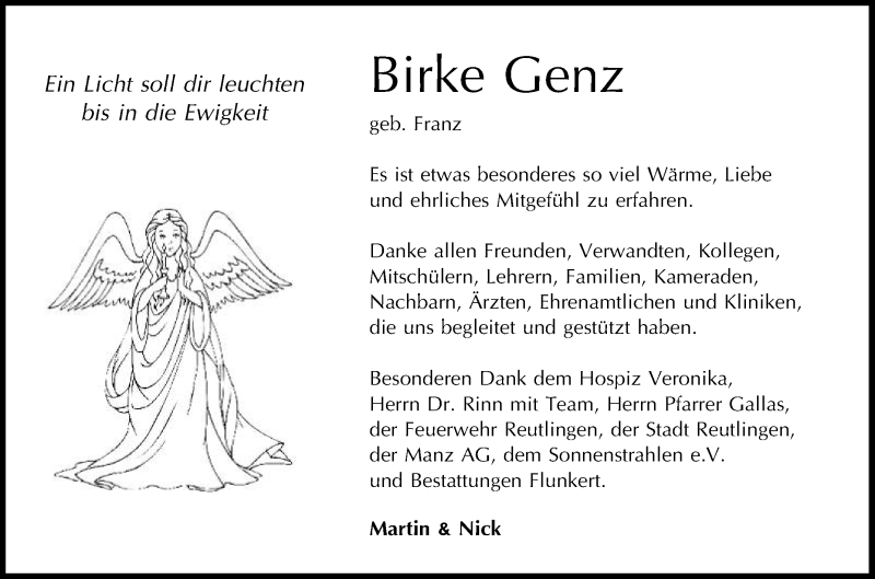  Traueranzeige für Birke Genz vom 01.07.2015 aus Reutlinger Generalanzeiger