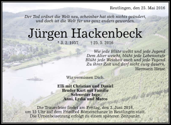 Anzeige von Jürgen Hackenbeck von Reutlinger Generalanzeiger